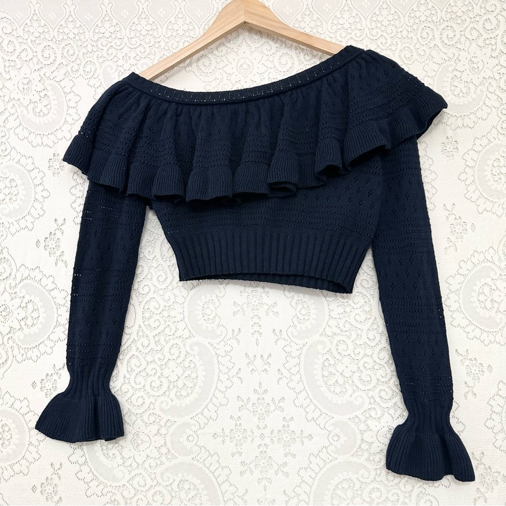 LoveShackFancy Rory Off the Shoulder Knit Ruffle Sweater - Picture 12 of 15